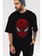 Spiderman Ön Baskılı Siyah Oversize T-Shirt Erkek Kadın Bisiklet Yaka 1
