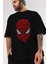 Spiderman Ön Baskılı Siyah Oversize T-Shirt Erkek Kadın Bisiklet Yaka 4