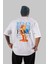Arka Baskılı Beyaz Oversize T-Shirt Erkek Kadın Bisiklet Yaka 1