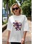 Astronaut Block Meteor Ön Baskılı Beyaz Oversize T-Shirt Erkek Kadın Bisiklet Yaka 5