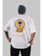 Astronout Yazılı Arka Baskılı Beyaz Oversize T-Shirt Erkek Kadın Bisiklet Yaka 3