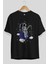 Astronaut Fishing Ön Baskılı Siyah Oversize T-Shirt Erkek Kadın Bisiklet Yaka 1
