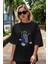 Astronaut Fishing Ön Baskılı Siyah Oversize T-Shirt Erkek Kadın Bisiklet Yaka 3