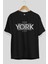 New York City Yazılı Ön Baskılı Siyah Oversize T-Shirt Erkek Kadın Bisiklet Yaka 2