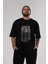 Retro Portre Ön Baskılı Siyah Oversize T-Shirt Erkek Kadın Bisiklet Yaka 1