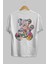 Flowers Bear Arka Baskılı Beyaz Oversize T-Shirt Erkek Kadın Bisiklet Yaka 2