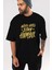 Word Hard Yazılı Ön Baskılı Siyah Oversize T-Shirt Erkek Kadın Bisiklet Yaka 3