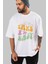 Take It Easy Yazılı Ön Baskılı Beyaz Oversize T-Shirt Erkek Kadın Bisiklet Yaka 3