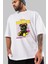 Teddy Bear Trouble Maker Ön Baskılı Beyaz Oversize T-Shirt Erkek Kadın Bisiklet Yaka 5