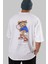 Teddy Bear Play Hard Arka Baskılı Beyaz Erkek Kadın Bisiklet Yaka Oversize T-Shirt 2