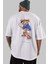 Teddy Bear Play Hard Arka Baskılı Beyaz Erkek Kadın Bisiklet Yaka Oversize T-Shirt 3