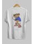 Teddy Bear Play Hard Arka Baskılı Beyaz Erkek Kadın Bisiklet Yaka Oversize T-Shirt 4
