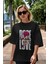 Rose Love Ön Baskılı Siyah Oversize T-Shirt Erkek Kadın Bisiklet Yaka 2