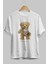 Teddy Bear Dress Up Ön Baskılı Beyaz Oversize T-Shirt Erkek Kadın Bisiklet Yaka 3