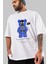 Be Happy Bear Ön Baskılı Beyaz Oversize T-Shirt Erkek Kadın Bisiklet Yaka 2