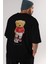 Teddy Bear Kick Off Arka Baskılı Siyah Erkek Kadın Bisiklet Yaka Oversize T-Shirt 3