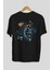 Astronot Basketbol Arka Baskılı Siyah Oversize T-Shirt Erkek Kadın Bisiklet Yaka 4