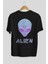 Alien Arka Baskılı Siyah Oversize T-Shirt Erkek Kadın Bisiklet Yaka 2