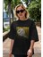Love Birds Yazılı Ön Baskılı Siyah Oversize T-Shirt Erkek Kadın Bisiklet Yaka 3