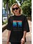 New York Yazılı Ön Baskılı Siyah Oversize T-Shirt Erkek Kadın Bisiklet Yaka 1