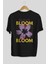 Bloom Yazılı Arka Baskılı Siyah Oversize T-Shirt Erkek Kadın Bisiklet Yaka 2