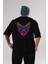 Black Neon Cat Arka Baskılı Siyah Oversize T-Shirt Erkek Kadın Bisiklet Yaka 1