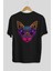 Black Neon Cat Arka Baskılı Siyah Oversize T-Shirt Erkek Kadın Bisiklet Yaka 2