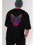 Black Neon Cat Arka Baskılı Siyah Oversize T-Shirt Erkek Kadın Bisiklet Yaka 3