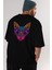Black Neon Cat Arka Baskılı Siyah Oversize T-Shirt Erkek Kadın Bisiklet Yaka 4