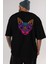 Black Neon Cat Arka Baskılı Siyah Oversize T-Shirt Erkek Kadın Bisiklet Yaka 5