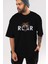 Teddy Bear Roar Ön Baskılı Siyah Oversize T-Shirt Erkek Kadın Bisiklet Yaka 1