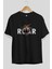 Teddy Bear Roar Ön Baskılı Siyah Oversize T-Shirt Erkek Kadın Bisiklet Yaka 5