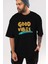 Good Vibes Ön Baskılı Siyah Oversize T-Shirt Erkek Kadın Bisiklet Yaka 4