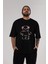 Teddy Bear Flowers Ön Baskılı Siyah Oversize T-Shirt Erkek Kadın Bisiklet Yaka 5