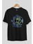 Astroskull Ön Baskılı Siyah Oversize T-Shirt Erkek Kadın Bisiklet Yaka 3