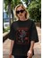 Spaceship Ön Baskılı Siyah Oversize T-Shirt Erkek Kadın Bisiklet Yaka 3
