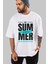 Summer Vibes 2 Ön Baskılı Beyaz Oversize T-Shirt Erkek Kadın Bisiklet Yaka 1