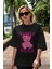 Lonely Bear Ön Baskılı Siyah Oversize T-Shirt Erkek Kadın Bisiklet Yaka 2