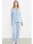 Düğmeli Gömlek Model Pijama Takım - Mavi 1