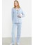 Düğmeli Gömlek Model Pijama Takım - Mavi 4