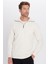 Relax Fit Rahat Kesim Fitilli Desenli Pamuklu Yarım Fermuarlı ekru Dik Yaka Sweatshirt 1