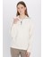 Relax Fit Rahat Kesim Fitilli Desenli Pamuklu Yarım Fermuarlı ekru Dik Yaka Sweatshirt 4