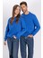 Unisex Relax Fit Rahat Kesim Pamuklu Yumuşak Dokulu Içi Polarlı Basic Saks Mavi Bisiklet Yaka Sweatshirt 3