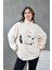 Kadın Ekru Yarım Balıkçı Oversize Nakışlı Pelüş Sweatshirt 28328 3