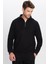 Relax Fit Rahat Kesim Fitilli Desenli Pamuklu Yarım Fermuarlı Siyah Dik Yaka Sweatshirt 3