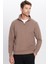 Relax Fit Rahat Kesim Fitilli Desenli Pamuklu Yarım Fermuarlı Kahverengi Dik Yaka Sweatshirt 2