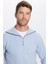 Unisex Relax Fit Rahat Kesim Fitilli Desenli Pamuklu Yarım Fermuarlı Mavi Dik Yaka Sweatshirt 1