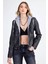 Kapüşonlu Suni Deri Crop Biker Ceket 1