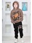Erkek Çocuk Üzerinde Top ve Game Day Yazı Baskılı Sweatshirt 3 Iplik Kahverengi Eşofman Takım 2