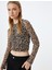 Leopar Tül Bluz Crop Uzun Kollu Bisiklet Yaka Büzgülü 1
